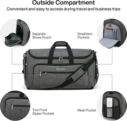 MILADA Convertible 2-in-1 Garment Duffel Weekender Bag Carry On Garment Bags for Travel Hanging Clothes Suit Bag Foldable Personal Item Business Overnight Bag with Shoe Compartment, Dark Grey