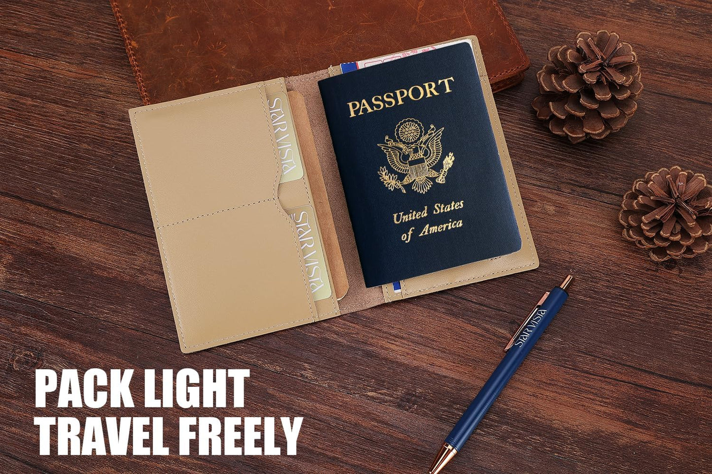 STAR VISTA Albatross Leather Travel Passport Holder, Minimalist Design, Calfskin Leather Case for Women and Men - Slim Passport Wallet, Bifold, RFID Blocking, with AirTag Holder, Ivory
