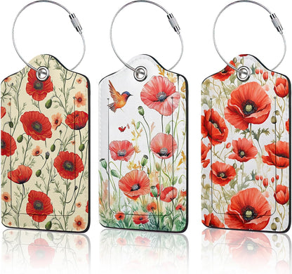 3 PCS Red Poppy Flower Luggage Tags,Suitcase Tags Privacy Cover ID Label with Stainless Steel Loop and Address Card for Travel Bag Suitcase