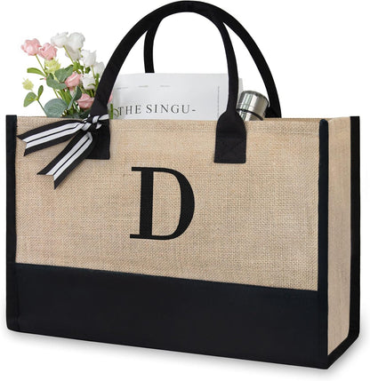 TOPDesign Initial Jute/Canvas Tote Bag, Personalized Present Bag, Suitable for Wedding, Birthday, Beach, Holiday, is a Great Gift for Women, Mom, Teachers, Friends, Bridesmaids (Letter D)