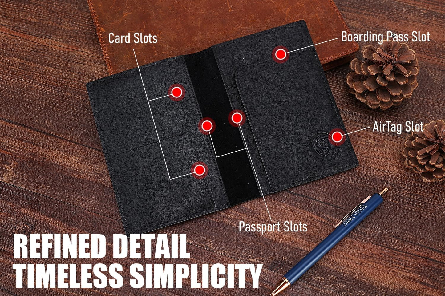 STAR VISTA Albatross Leather Travel Passport Holder, Minimalist Design, Calfskin Leather Case for Women and Men - Slim Passport Wallet, Bifold, RFID Blocking, with AirTag Holder, Black