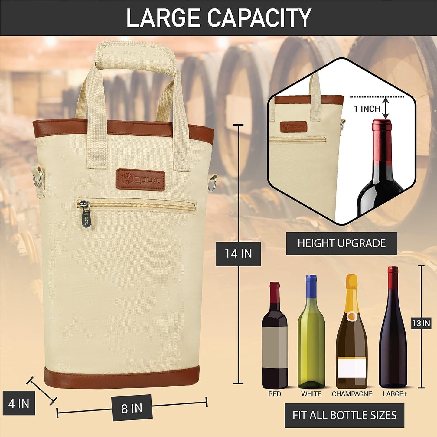 opux Two Bottle Wine Bag Carrier Tote, Insulated Leakproof 2 Bottle Wine Cooler Bag for Travel BYOB Picnic, Portable Wine Case, Gift for Men Women Wine Lover Birthday Party Christmas, Cream Beige