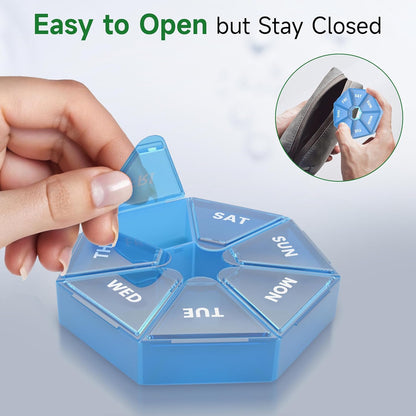 Weekly Pill Organizer, 2 Pack Portable Pill Box Medicine case 6 Colors (Seven Day) New Edition for Vitamin/Fish Oil/Pills/Supplements-Arthritis Friendly (Blue)