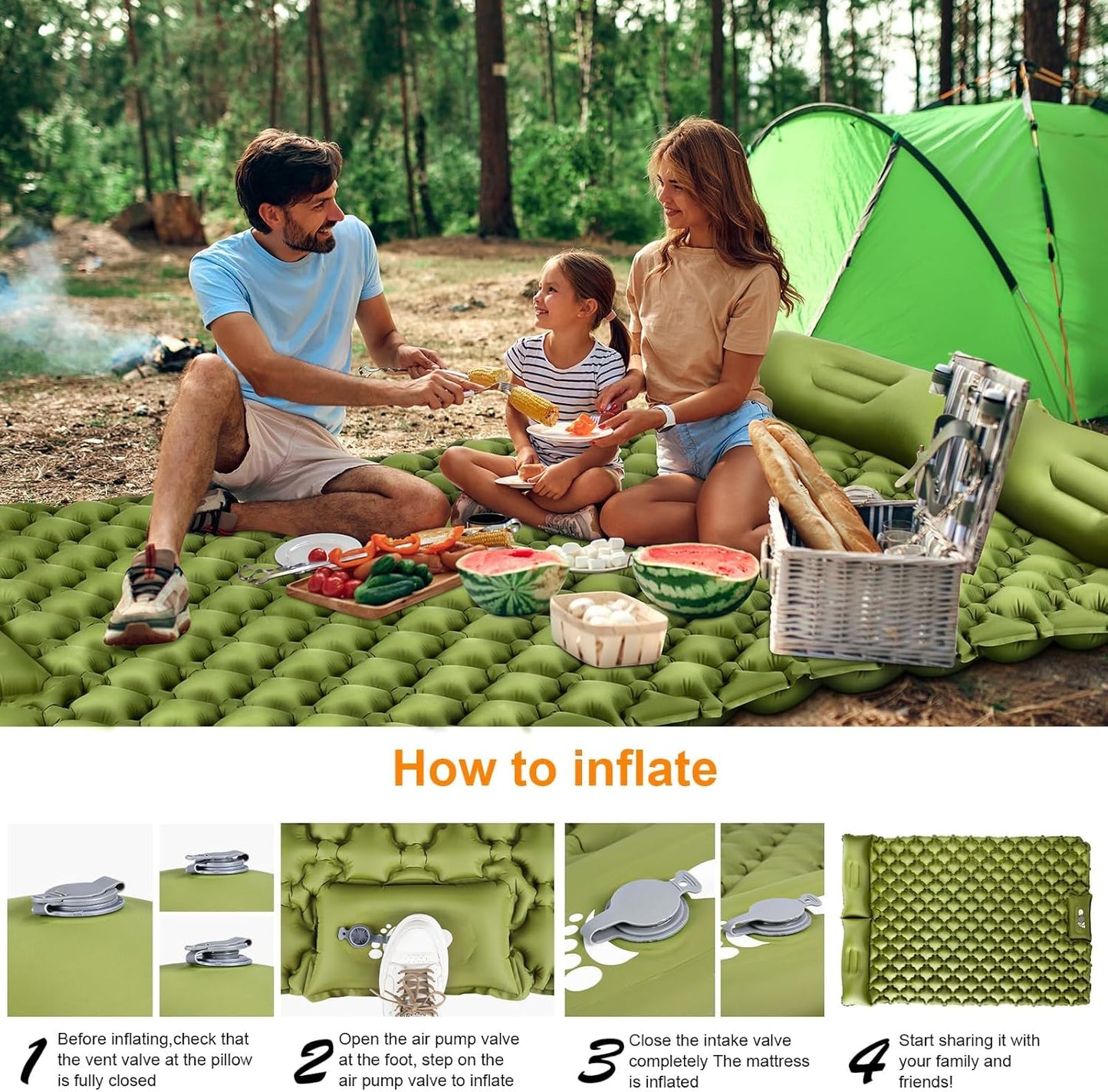 Double Sleeping Pad, Ultralight 3" Extra-Thick Self Inflating Sleeping Mat for 2 Person with Pillow Built-in Foot Pump Portable Camping Mat for Backpacking, Hiking, Traveling, Tent, Camping