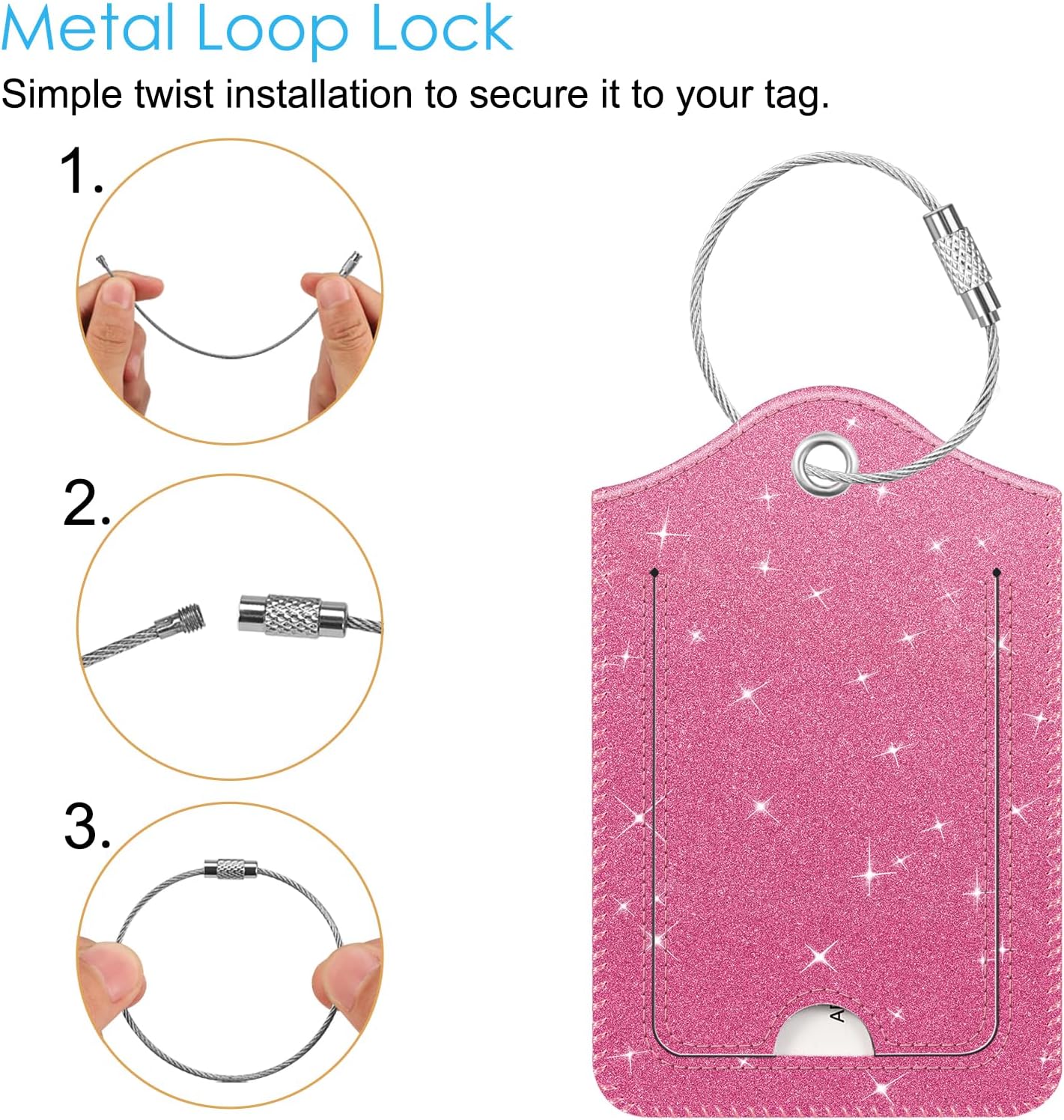 Fintie Luggage Tags, Privacy Cover ID Label with Stainless Steel Loop and Address Card for Travel Bag Suitcase - Sparkling Rose Red (2 Piece)