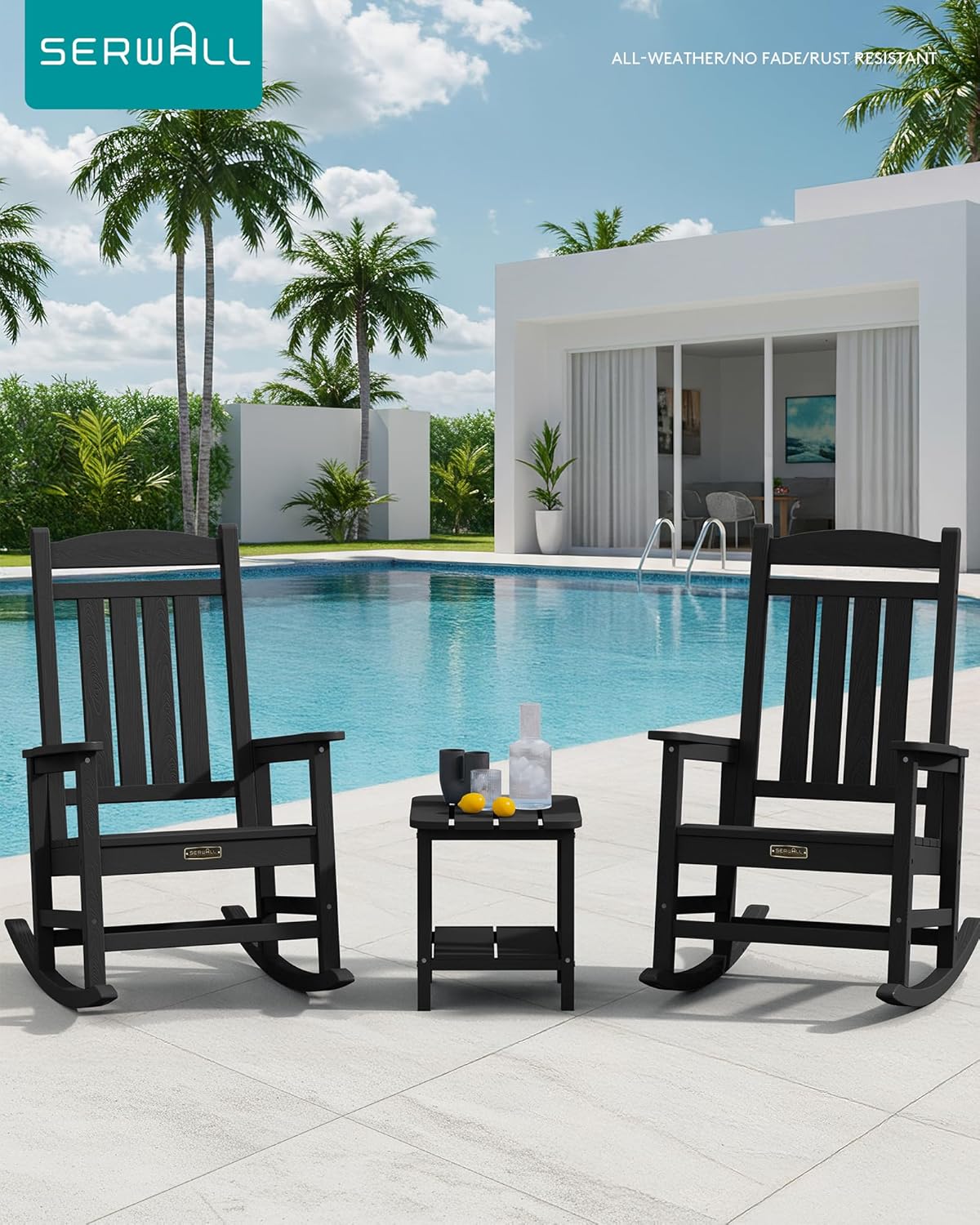 SERWALL Outdoor Rocking Chair Set of 2, HDPE Patio Rocking Chair All-Weather Porch Rocker for Balcony, Yard, Black