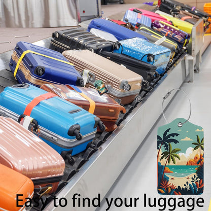 Cartoon Summer Beach 2 Pcs Luggage Tags,Privacy Cover ID Label with Stainless Steel Loop and Address Card for Travel Bag Suitcase