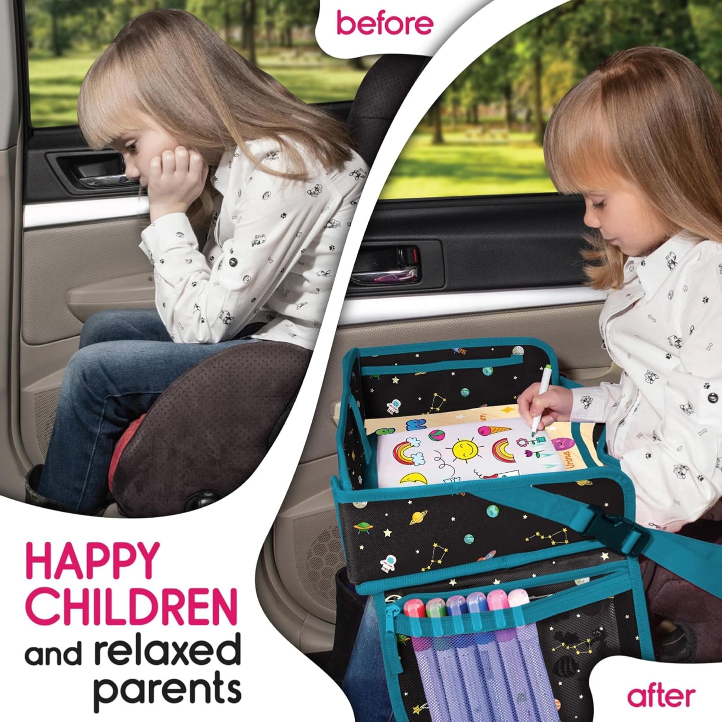 Car Seat Tray for Toddler - Waterproof Carseat Table Top - Kids Travel Tray - Travel and Road Trip Essentials Kids - Lap Desk with Storage -Baby Airplane Travel Accessories (Black)