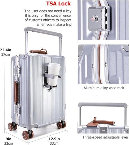 feilario 20" Aluminum Frame Wide Handle Hard Shell Carry On Suitcase - Vivid Colors Double Spinner Wheels Airline Approved Rolling Luggage with TSA Lock & Cup Holder (Silver, 20in)