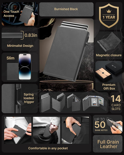 typecase Mens Wallet Card Holder: Pop Up Aluminum Case, Carbon Fiber Leather, Smart, RFID Blocking, Slim, Minimalist, Front Pocket - 9-14 Card Capacity | ID Window | Cash Slot(Grey)