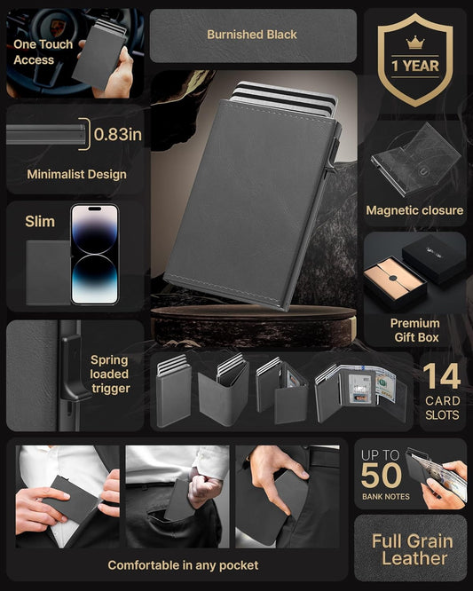 typecase Mens Wallet Card Holder: Pop Up Aluminum Case, Carbon Fiber Leather, Smart, RFID Blocking, Slim, Minimalist, Front Pocket - 9-14 Card Capacity | ID Window | Cash Slot(Grey)