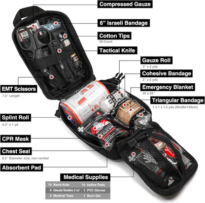 Survival First Aid Kit with Israeli Bandage, Splint, Chest Seal, Tactical Military Combat Molle IFAK for Wound Care, Bleeding Control, Trauma Hemorrhage and More