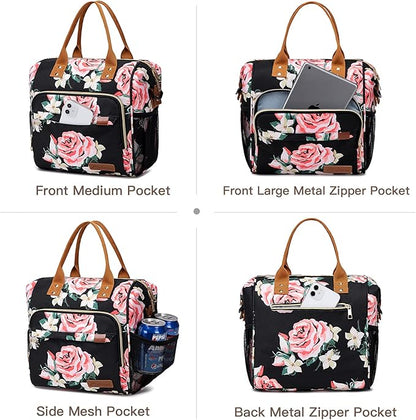 TuErCao Lunch Box for Women Adult Insulated Lunch Bag for Female Teacher Nurse Mom, Fashion Ladies Lunch Tote Bag for Work, Peony