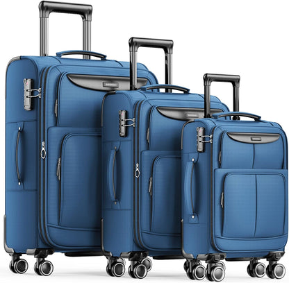 SHOWKOO Luggage Sets 3 Piece Softside Expandable Lightweight Durable Suitcase Sets Double Spinner Wheels TSA Lock Sky Blue (20in/24in/28in)