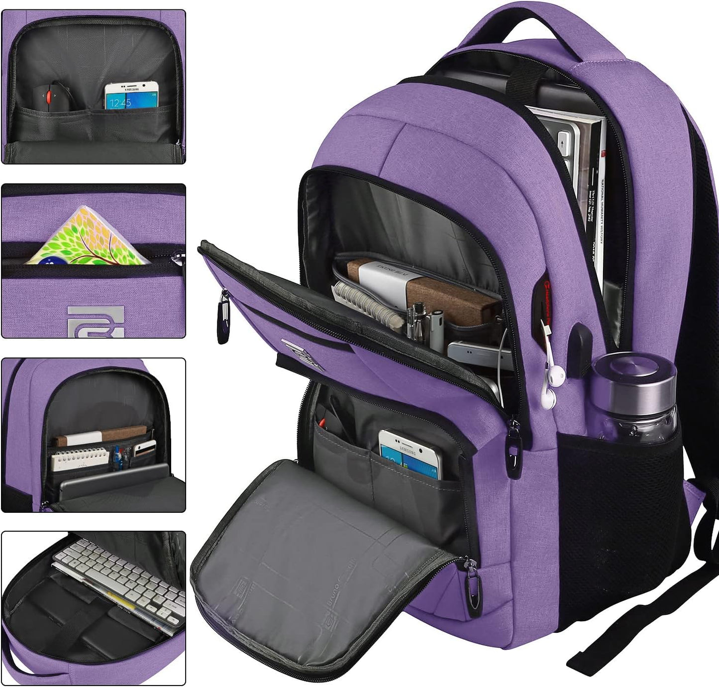 Laptop Backpack,Business Travel Anti Theft Slim Durable Laptops Backpack with USB Charging Port,Water Resistant College Computer Bag for Women & Men Fits 15.6 Inch Laptop and Notebook-Purple