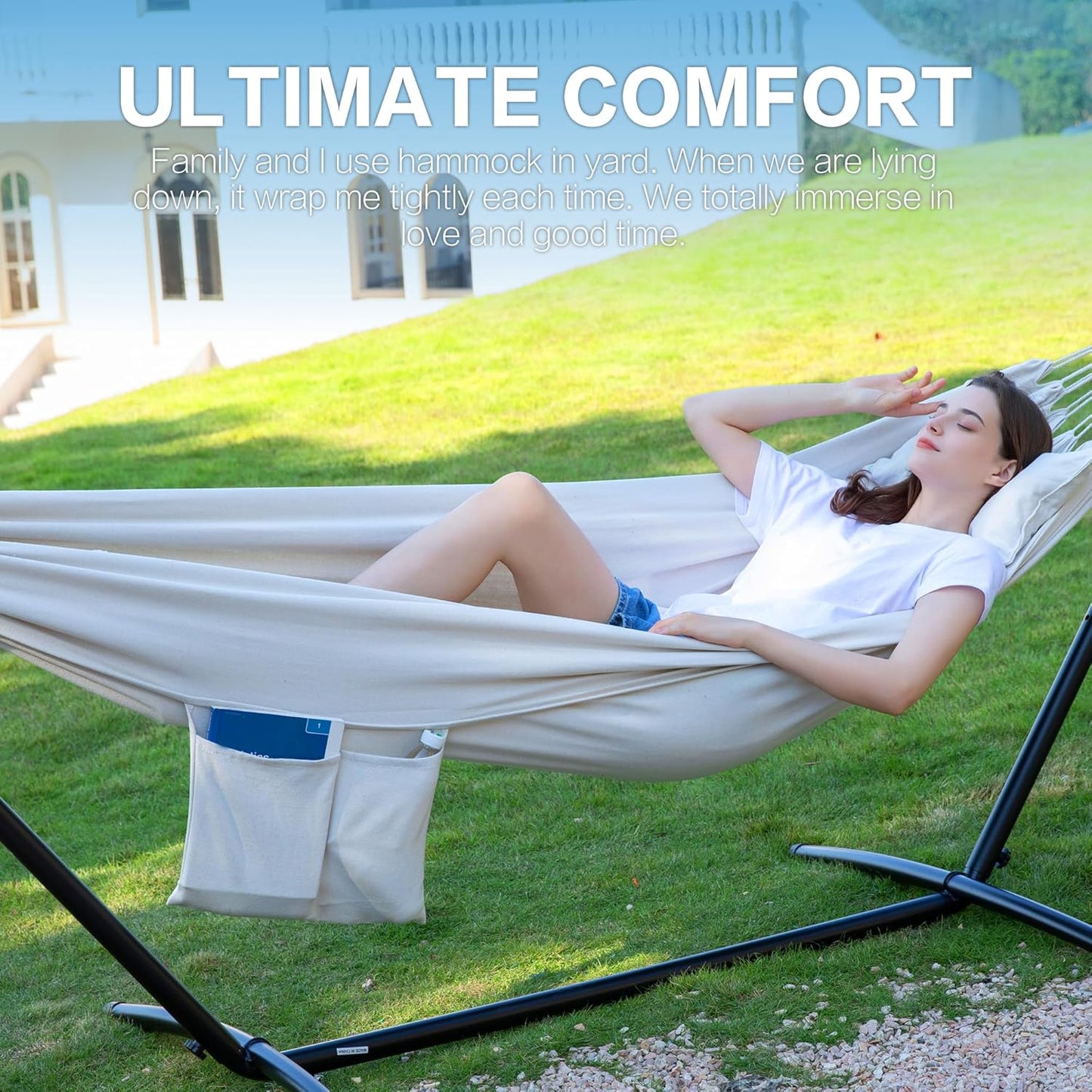 PNAEUT Double Hammocks with Stand for Outside, Portable Space Saving Heavy-Duty Steel Stand for Indoor Outdoor Patio with Carrying Bag, 450 lbs Capacity (Beige)