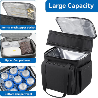 Lunch Box for Men Women, Large Expandable Insulated Lunch Bag, Double Deck Leakproof Cooler Bag for Adults Work Office Outdoor Beach Trips, Black 16L