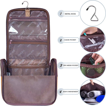 Hanging Toiletry Bag for Men VANCASE Vintage Leather Shaving Dopp Kit Medium Waterproof Travel Bathroom Bags Portable Shower Organizer