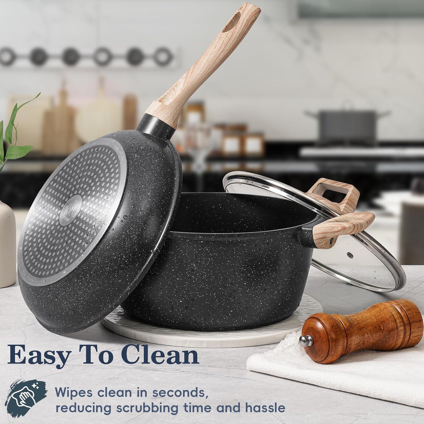 12 Pcs Pots and Pans Set, Nonstick Cookware Sets Black Granite Induction Cookware, Non-toxic Healthy Non Stick Kitchen Cooking Set with Frying Pans Set, Saucepans,Steamer (PFAS, PFOA, PFOS Free)