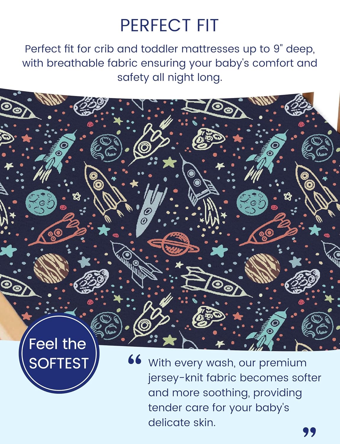 TotAha Premium Stretchy Space Crib Sheets (2-Pack)-Hypoallergenic, Silky Comfort, Buttery Soft, Calming Effect, All-Season Jersey-Knit Sheets, 9'' Extra Deep Pocket