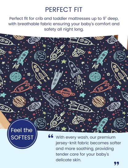 TotAha Premium Stretchy Space Crib Sheets (2-Pack)-Hypoallergenic, Silky Comfort, Buttery Soft, Calming Effect, All-Season Jersey-Knit Sheets, 9'' Extra Deep Pocket