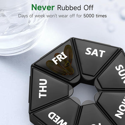 Gelibo,Weekly Pill Organizer, 2 Pack Portable Travel Pill Box Dispenser Medicine case 6 Colors (Seven Day) New Edition for Vitamin/Fish Oil/Pills/Supplements-Arthritis Friendly (Black)