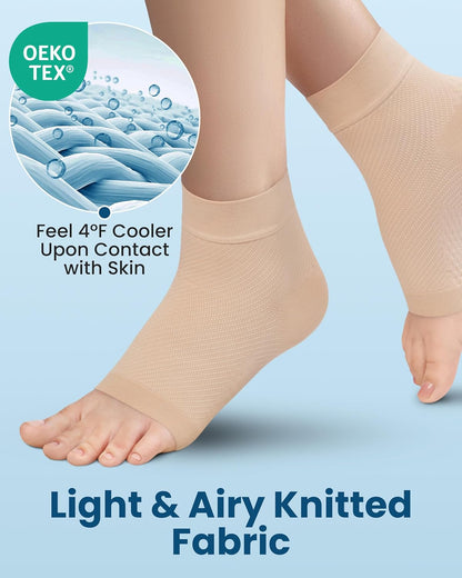 KEMFORD Ankle Compression Sleeve with Cooling Effect - Plantar Fasciitis Braces - Open Toe Compression Socks for Swelling, Sprain, Neuropathy, Arch Support for Men and Women - M, Beige