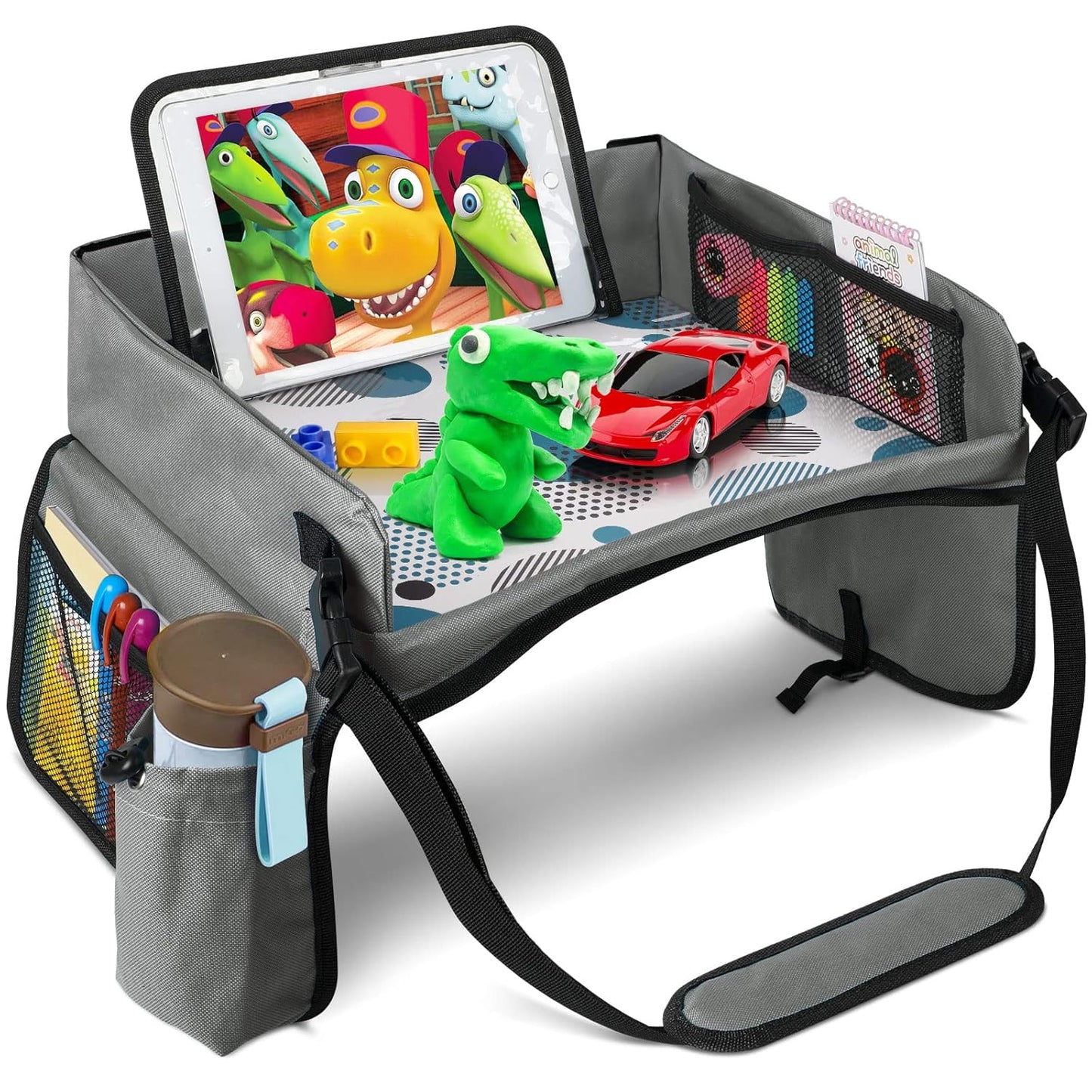 [New Version] Car Seat Organizer Kids Travel Tray for Kids Toddlers Activities in Car Seat, Stroller, Airplane | Touch Screen iPad Holder | Waterproof Dry Erase Top | Side Pocket & Water Bottle Holder