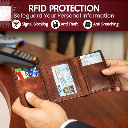 BULL GUARD Best Leather Men's RFID Trifold Wallet With ID Great Outdoor Wallet