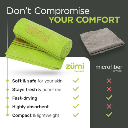 Zumi MINI 100% Cotton Camping Travel Towel - Small, Ultralight, Fast Drying, Highly Absorbent, Soft and Gentle on The Skin, Safe for The Planet (28" x 13" Green)