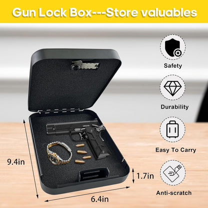 Small Gun Safe - Portable Gun Lock Box for Car with Resettable Combination Lock, Heavy-Duty Alloy Steel Handgun Lock Box, Foam Padding, Security Cable - Ideal for Travel & Home