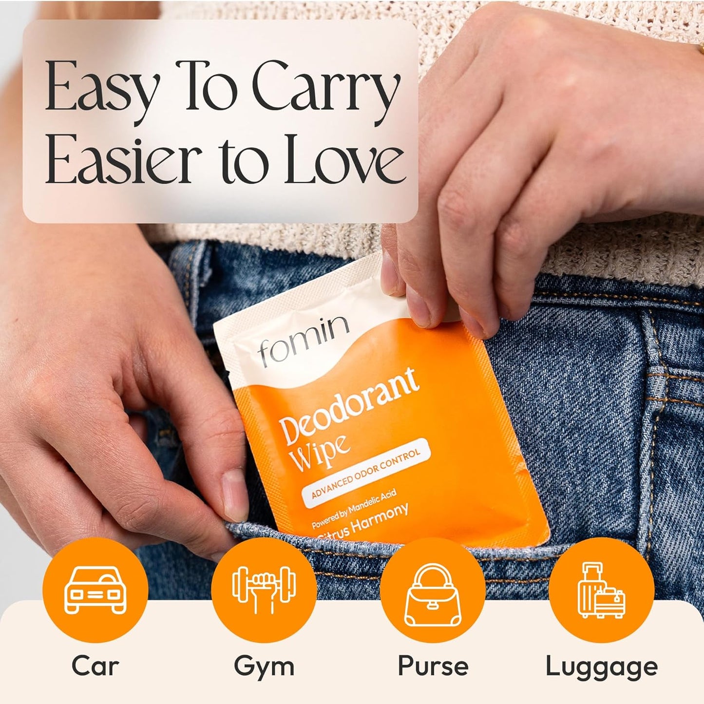 FOMIN Acidified Travel Deodorant Wipes For Women & Men - 30 Count - Citrus Harmony - pH Balanced, Mini Deodorant Travel Size Wipes - Plastic-Free, Individually Wrapped Underarm Body Wipes