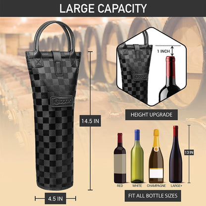 opux Wine Bag Single Bottle Carrier Tote, Insulated Travel Wine Cooler Bag for Picnic Beach Gift, Thermal Padded Portable One Bottle Holder Carrying Case for Women Men Wine Lovers, Black Square
