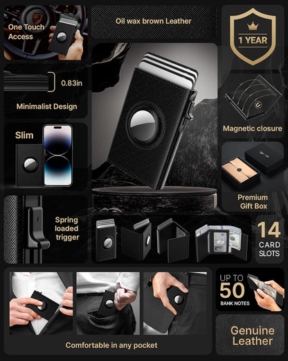typecase Mens Wallet Card Holder for AirTag: Leather Smart Wallet for Men Compatible with Apple Air Tag, RFID Blocking, Slim, Minimalist - 9-14 Card Capacity | ID Window | Cash Slot (Dark Black)