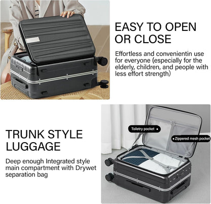 Hanke 24 Inch Checked Luggage PC Hard Shell Suitcases for Travel Front Opening Aluminum Frame Travel Luggage Rolling Suitcase with Wheels.(Jet Black)