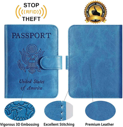Passport Holder With Luggage Tag Cover Wallet RFID Blocking Leather Case Travel Essentials Accessories Travel Must Have(114#Blue)