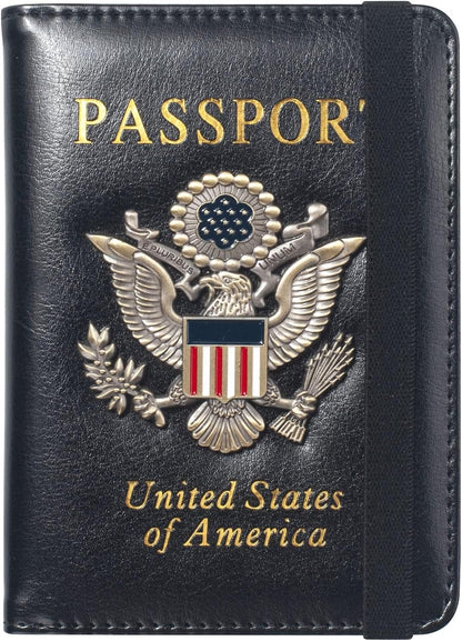 Passport Holder for Travel Passport Cover for Men Passport Wallet Case With 3D Metal Badge Protector Leather Card Case RFID Blocking Women Travel Accessories Document Organizer (Black)