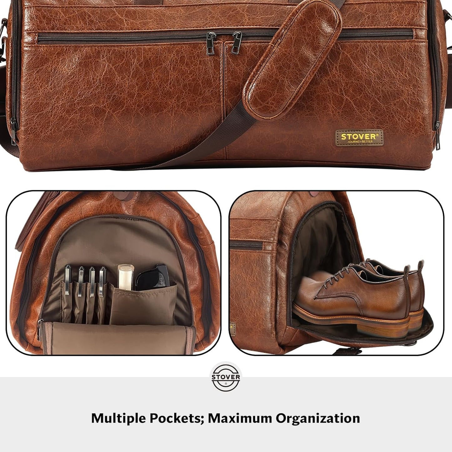 STOVER Garment Travel Duffle Bag, Large 2-in-1 Convertible Carry-on Luggage for Men & Women- Hanging Suits, Dresses & Clothes + Shoe Compartment- Weekender Tote Combo Duffel (Brown Leatherette)