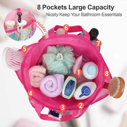 F-color Mesh Shower Caddy Portable with Drawstring - Upgrade Deeper 7 Pockets Dorm Room Essentials for Guys Girls with S Hook, Shower Bag Basket Tote for College Camping Toiletry Bathroom, Rose red