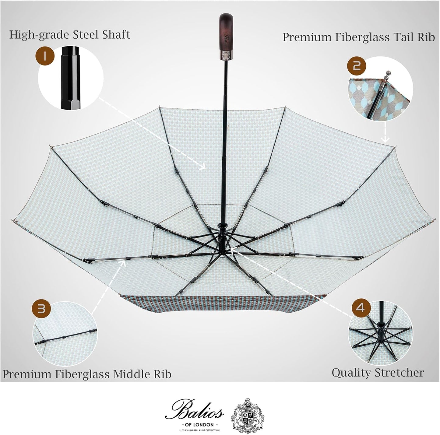 Balios Travel Folding Umbrella with Real Wood Handle Auto Open Close Vented Windproof Canopy - Designed in UK