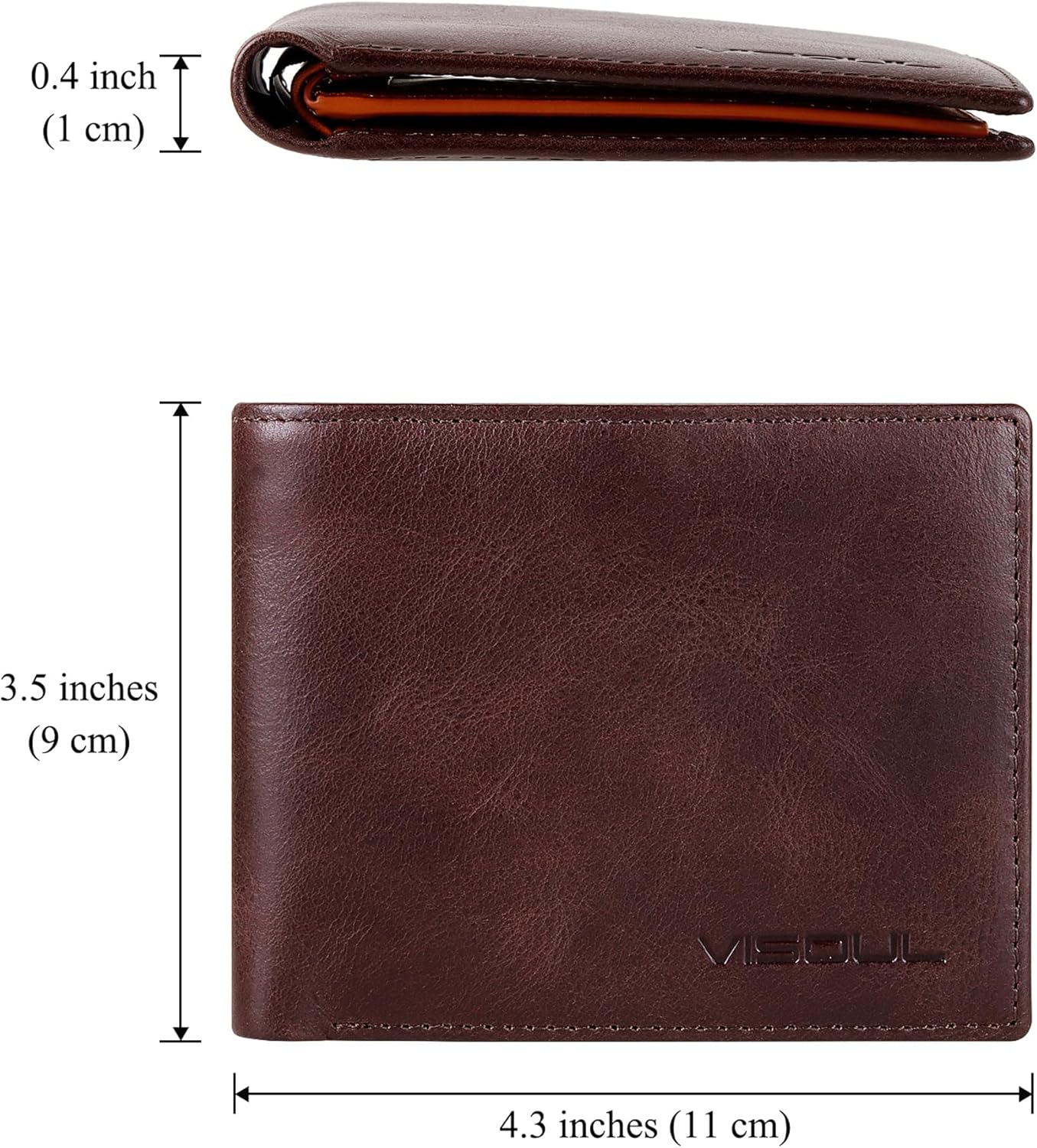 VISOUL Men's Leather RFID Blocking Wallet Extra Capacity, Bifold Security Wallet for men with 2 ID Windows 8 Card Slots 2 Cash Compartments (Coffee and Dark Orange)