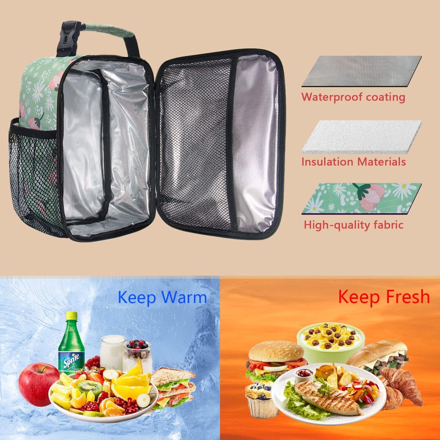 Hap Tim Insulated Lunch Bag Women, Reusable Lunch Box for Women & Men, Adluts Lunchbox for Office Work, Portable Lunchbag, Green Floral（18654-GF）