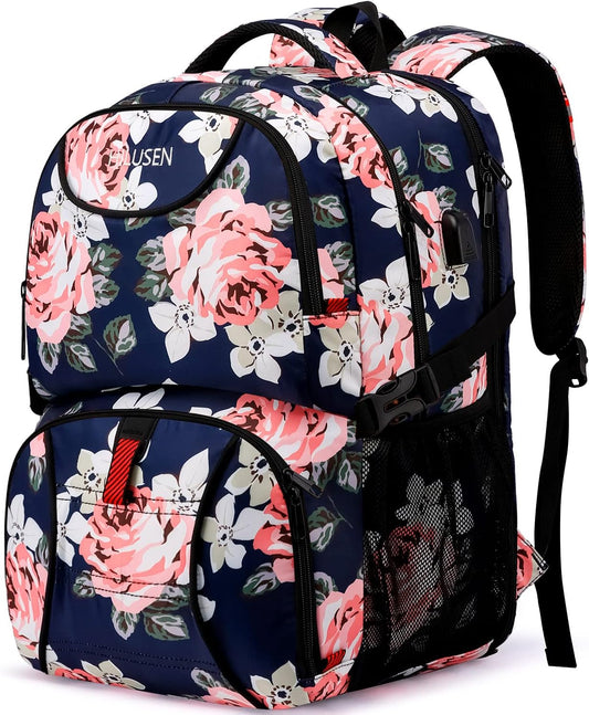 HILUSEN Lunch Cooler Backpack for Women, Extra Large 17 inch Travel Laptop Backpack with USB Charging Port, Water Resistant