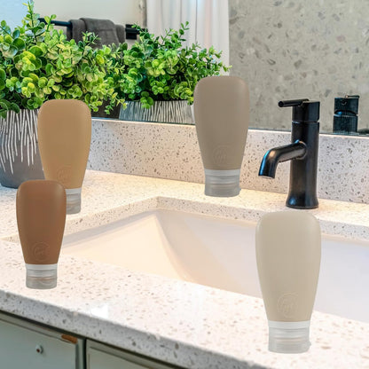 Travel Bottles for Toiletries, TSA Approved 3oz Leak Proof Silicone Refillable Squeeze Travel Size Containers BPA Free for Cleansers, Lotions, Shampoo w/Clear Bag (NEW earth tone set)