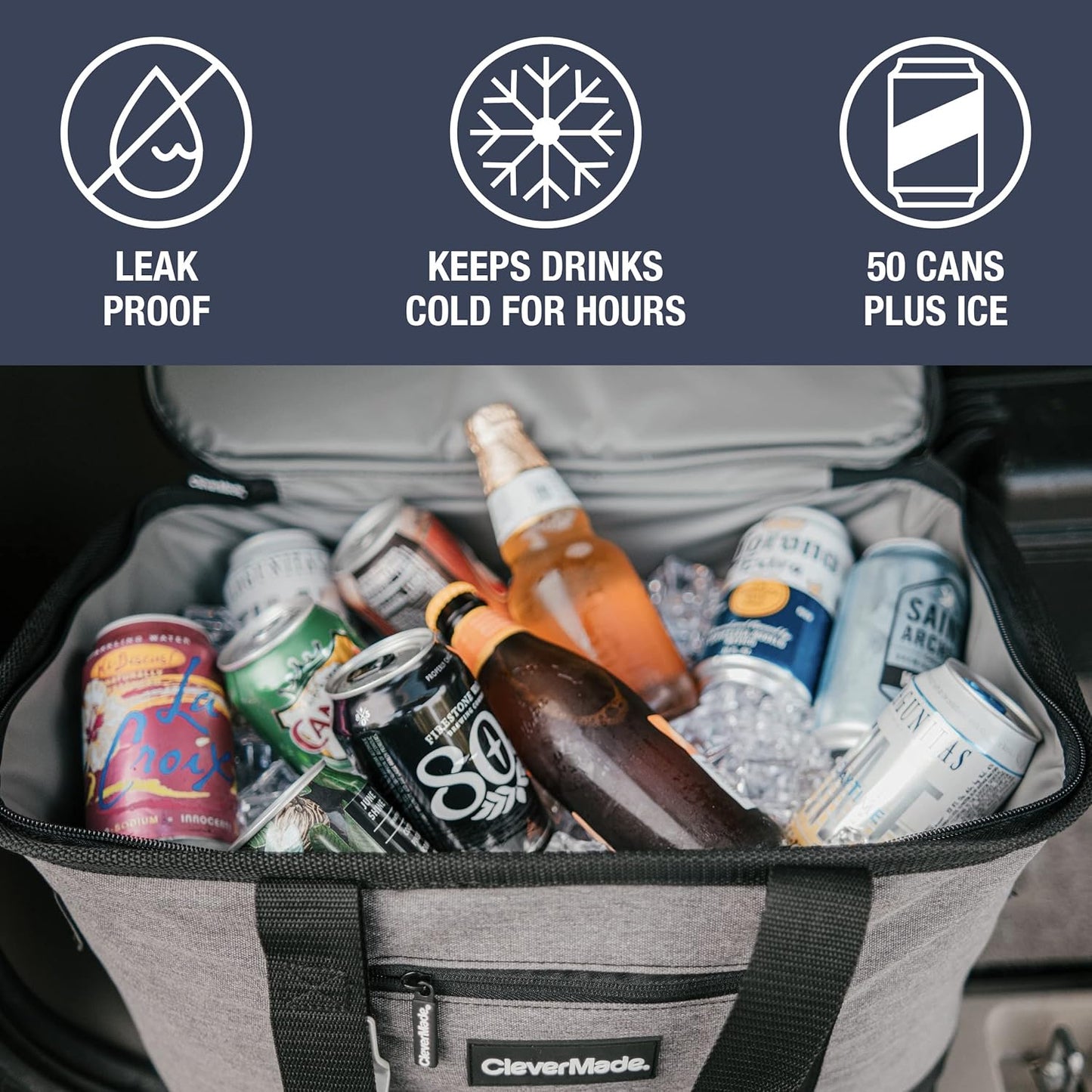 CleverMade Collapsible Insulated Cooler Bag – Leakproof Soft Folding Cooler for Beach, Travel, Car