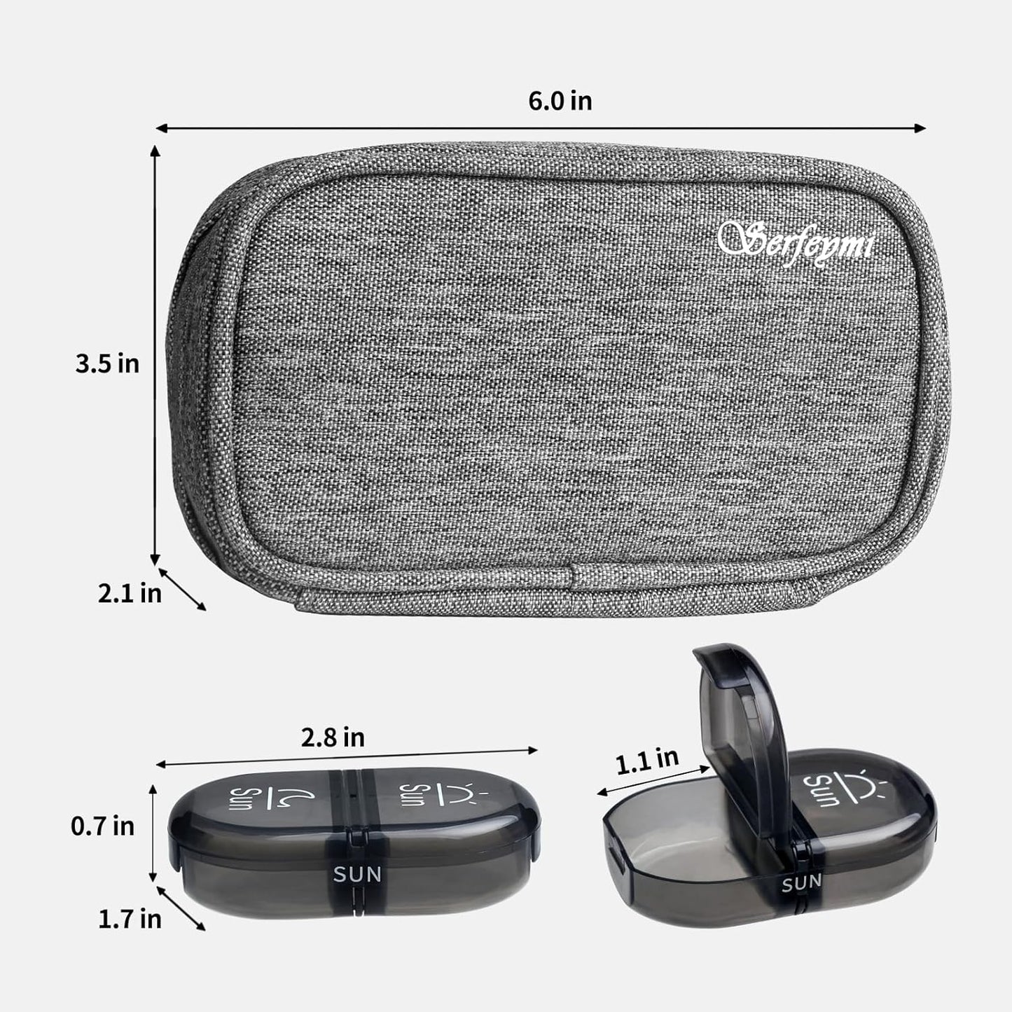 Serfeymi Weekly Travel Pill Organizer 2 Times A Day AM PM Upgraded Black Pill Box 7 Day with Portable Zipper Canvas Pill Case, Medicine Organizer for Pills, Vitamins, Supplements, Fish Oils - Grey 01
