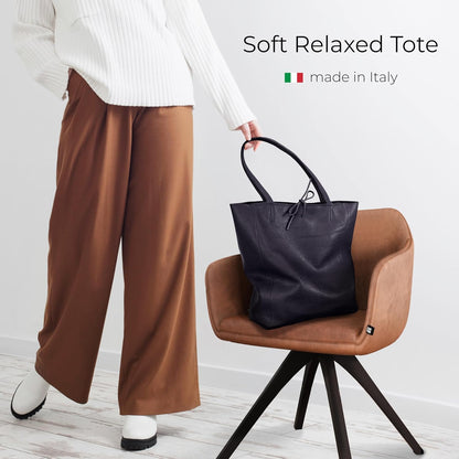Italian Calf Leather Tote for Women with Zipper, Inner Pocket & Flat Base | Soft Unlined Shopper for Work & Travel