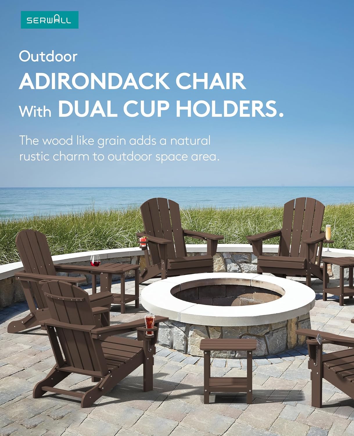 SERWALL Adirondack Chair with Cup Holders - Composite Adirondack Chairs Set of 6 HDPE Outdoor Chairs All Weather Use- Coffee