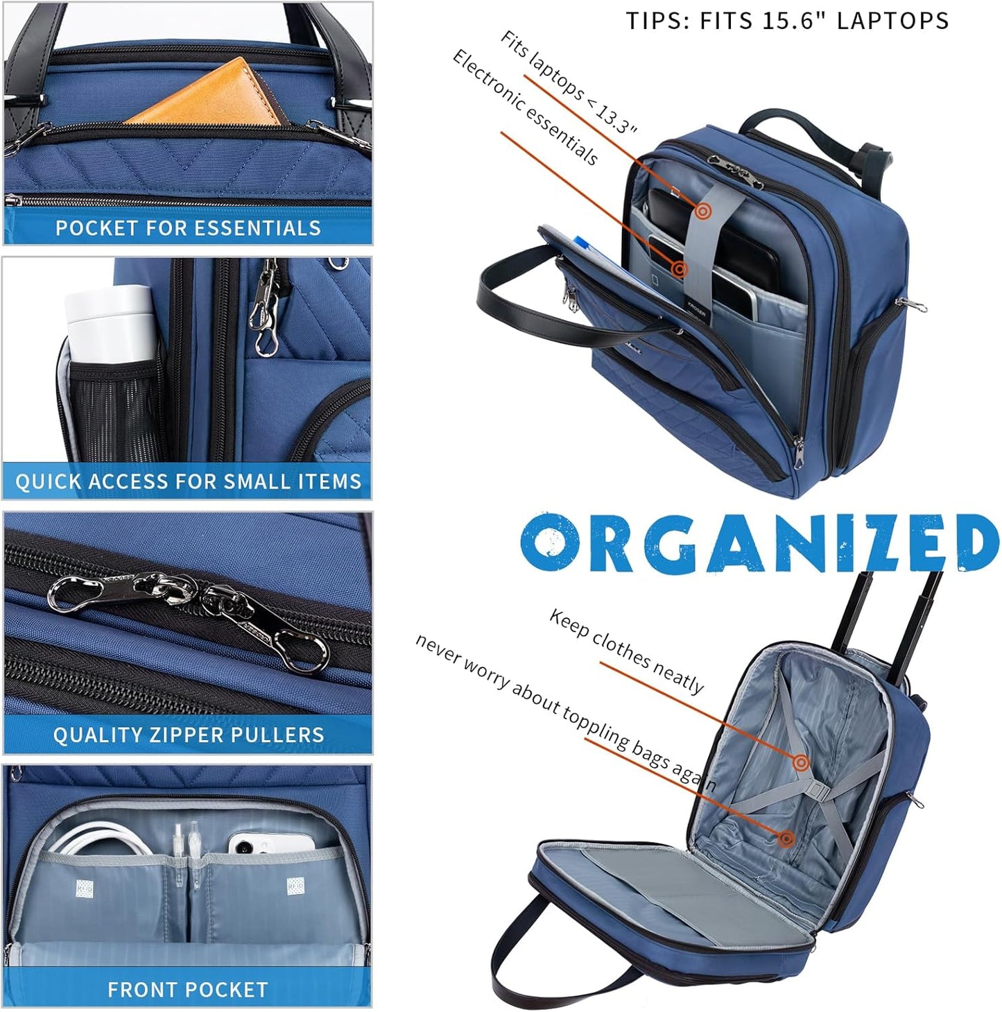 KROSER Carry On Underseat Multi-functional, 16-inch Underseater Lightweight Overnight Suitcase for Women, Haze Blue
