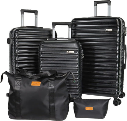 Luggage Sets 3 Piece(20/24/28)-Suitcase Set- Luggage with Wheels-PC + ABS Durable Lightweight Rotating hardshell suitcase 5PCS (Black)…